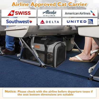 PETUX Airline Approved Cat Carrier or Small Cat up to 12 lb - 17x11x9.5 in Underseat, Top & Side Entry Pet Carrier with Breathable Anti-Scratch Mesh & Litter Box for Travel and Vet Visit - Grey