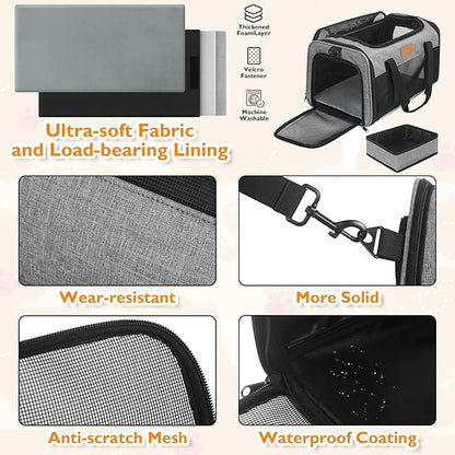 PETUX Airline Approved Cat Carrier or Small Cat up to 12 lb - 17x11x9.5 in Underseat, Top & Side Entry Pet Carrier with Breathable Anti-Scratch Mesh & Litter Box for Travel and Vet Visit - Grey
