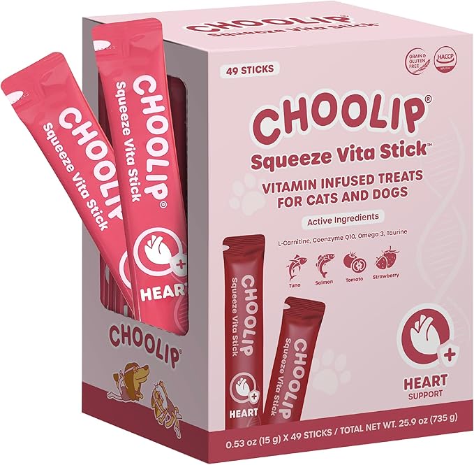 Choolip Squeeze Vita Stick Lickable Cat Treats & Dog Puree – 49-Count Heart Support Tubes, Creamy Grain-Free High-Protein Puree with Omega 3, Taurine, L-Carnitine & CoQ10 for Healthy Heart & Energy