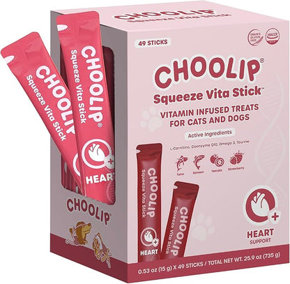 Choolip Squeeze Vita Stick Lickable Cat Treats & Dog Puree – 49-Count Heart Support Tubes, Creamy Grain-Free High-Protein Puree with Omega 3, Taurine, L-Carnitine & CoQ10 for Healthy Heart & Energy