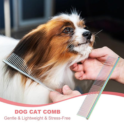 Dog Cat Comb, Pet Combs Stainless Steel Teeth with Rounded Ends for Knots Mats Loose Hair Removal, 7.5IN (Colorful Plated, 3 Pack), Grooming Tool Intended for Long Curly Hair Pet