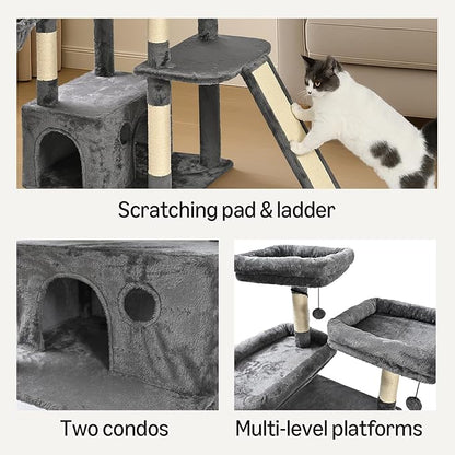 Amazon Basics 68-Inch Large Cat Tree Tower, Multi-Level Activity Center with 2 Large Condos, Multiple Sisal Scratching Posts and Hanging Pompoms, Gray