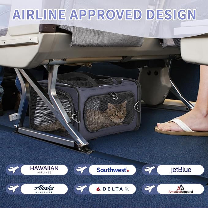 ‌Petsfit Airline Approved Pet Carrier for Small Cats, 15x8x10 TSA Approved Carrier, with Removable Dual-Sided Padding (2-Way Placement) - Fits Under Most Airplane Seats, Escape Proof (Navy)