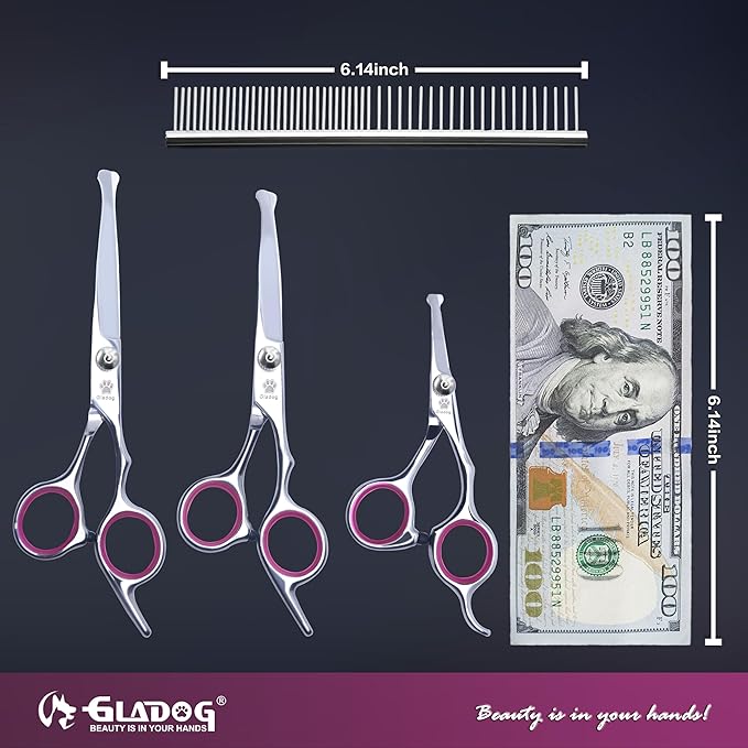 GLADOG Dog Grooming Scissors Kit with Safety Round Tips, Professional 6 in 1 Grooming Scissors for Dogs, Sharp and Heavy-duty Dog Grooming Shears for Dogs Cats Pets (Pink)