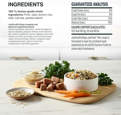 JustFoodForDogs JustFresh Wet Dog Food, Fresh Pet Meals and Toppers with No Preservatives, Resealable Package, Human Grade, Home-Cooked Pork, 12 oz - 7 Pack