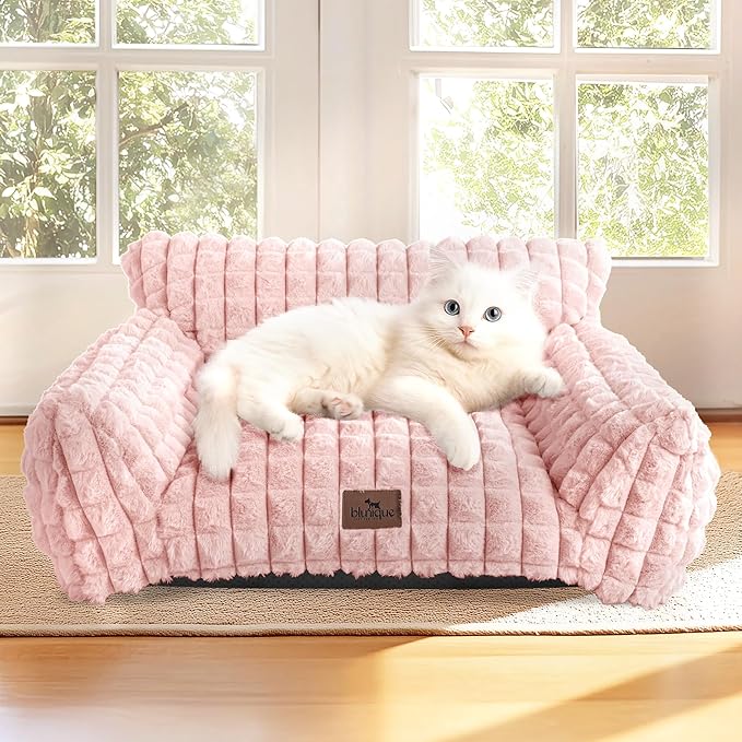 Cat Bed for Indoor Cats - Cute Pink Cat Couch Beds, Fluffy Pet Couch with Faux Rabbit Fur Washable Cover, Fuzzy Pet Sofa in 3D Diamond Pattern, 24inch
