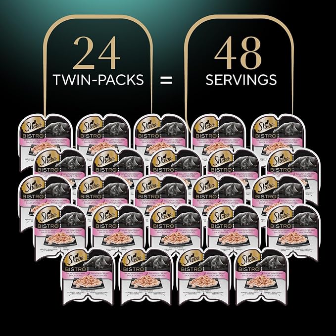 Sheba Perfect Portions Bistro Adult Wet Cat Food, Salmon in Creamy Sauce Entree, 2.6 oz. Twin-Pack Trays (24 Count, 48 Servings)