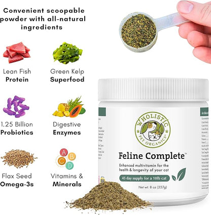 Wholistic Pet Organics Feline Complete - 8 Oz - Multivitamin & Probiotic Powder for Cats - Natural Cat Food & Digestive Support