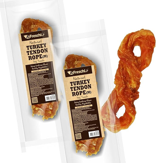 AFreschi Turkey Tendons for Dogs, USA-Sourced, Healthy Dog Treats, Rawhide-Free Puppy Chews, Long Lasting, All Natural, Hypoallergenic Dog Treats for Medium Breeds, 2 Count Pack Rope (M)