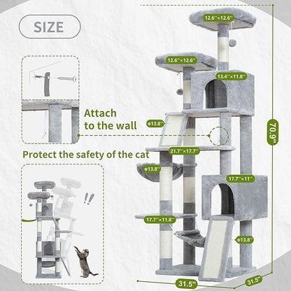 Cat Tree for Indoor Cats, 71'' (180cm) Multi-Level Cat Tower for Large Adult, Sturdy Cat Tree House with 2 Scratching Boards 7 Posts, 2 Plush Perches/Condos, Hammock, Light Gray GCT032W