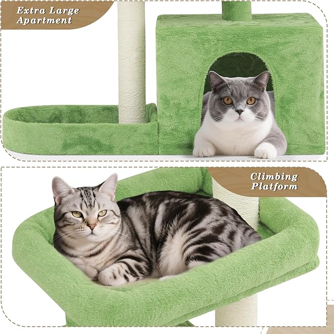 Athena Collection Small Cat Tree Tower with Scratching Post, 32 Inch Modern Cute Cat Tree Condo with Cozy Perch Haing Ball Green Leaves for Kittens Indoor Playing, Light Green
