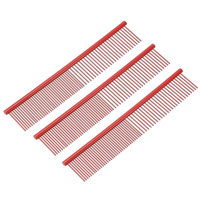 Dog Cat Comb, Pet Combs Stainless Steel Teeth with Rounded Ends for Knots Mats Loose Hair Removal, 7.5IN (Red Coated, 3 Pack), Grooming Tool Intended for Long Curly Hair Pet