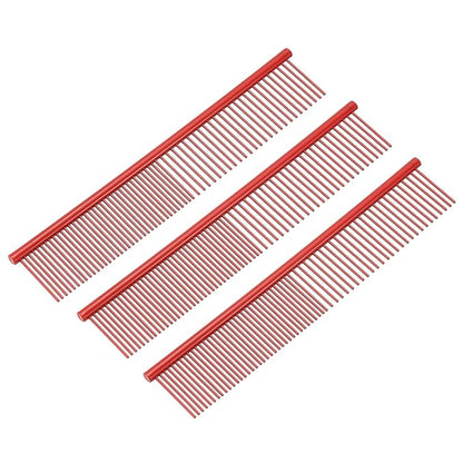 Dog Cat Comb, Pet Combs Stainless Steel Teeth with Rounded Ends for Knots Mats Loose Hair Removal, 7.5IN (Red Coated, 3 Pack), Grooming Tool Intended for Long Curly Hair Pet