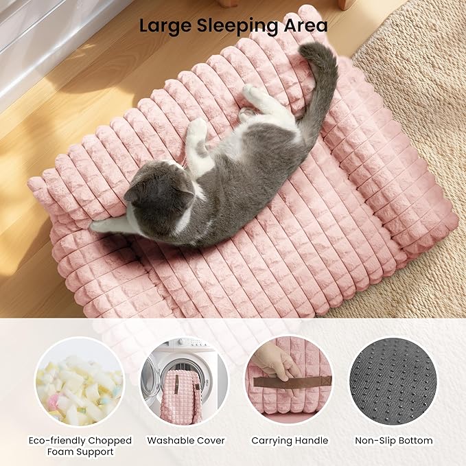 Cute Small & Medium Dog Couch Bed – Supportive & Fluffy Pet Sofa with Faux Rabbit Fur Washable Cover in 3D Diamond Pattern, 36" Pink