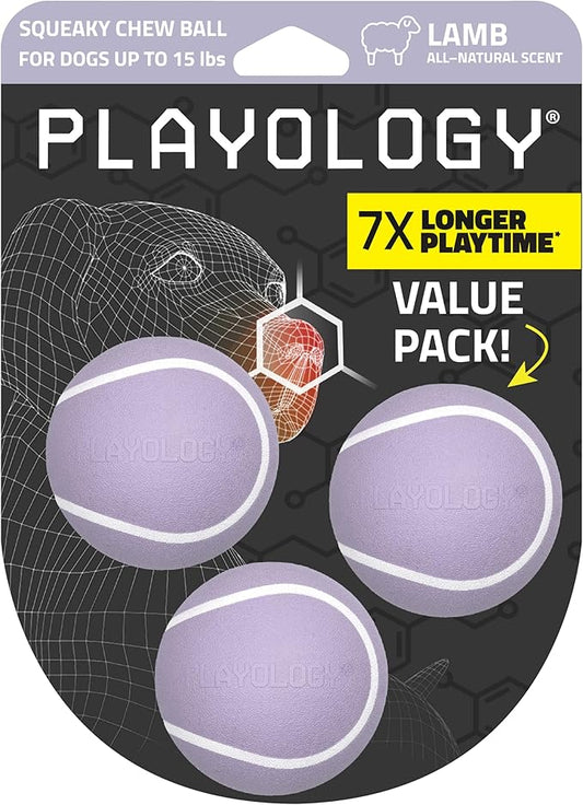 Playology Dog Toys | Squeaky Chew Ball - Bouncy Durable Floating Fetch Ball for Dogs, Value 3-Pack | Small Lamb Scented Toy - Easy to Clean and Made from Non Toxic Materials