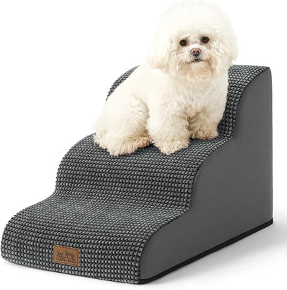 Dog Stairs for Small Dogs 15.7" H, Curved Dog Step for Puppy, Older Cat, Medium Pet Ramp for Sofa, Couch or Chair, Ladder with High Density Foam, 3 Step, 15.7x22.4x15.7 inch, Charcoal Grey