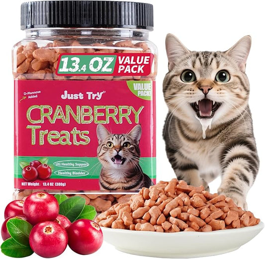 Just Try 13.4 OZ Urinary Tract Health Cat Treats for Indoor Cats, Health Supplement Cranberry & D-Mannose for Kidney Bladder and UT Support, Crunchy Chews Cat Loves