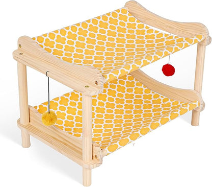 2-Layer Cat Hammock Bed, 24"x15.7"x16.3" Elevated Cat Bed with Pine Wood Frame, Breathable Washable Covers, Wooden Pet Furniture for Indoor Cats and Small Animals(Orange-2)