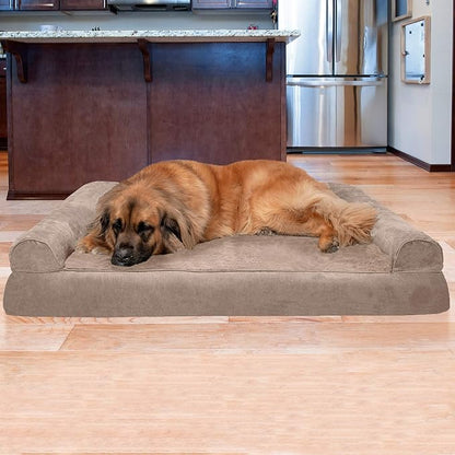 Furhaven Orthopedic Dog Bed for Large Dogs w/ Removable Bolsters & Washable Cover, For Dogs Up to 125 lbs - Plush & Suede Sofa - Almondine, Jumbo Plus/XXL