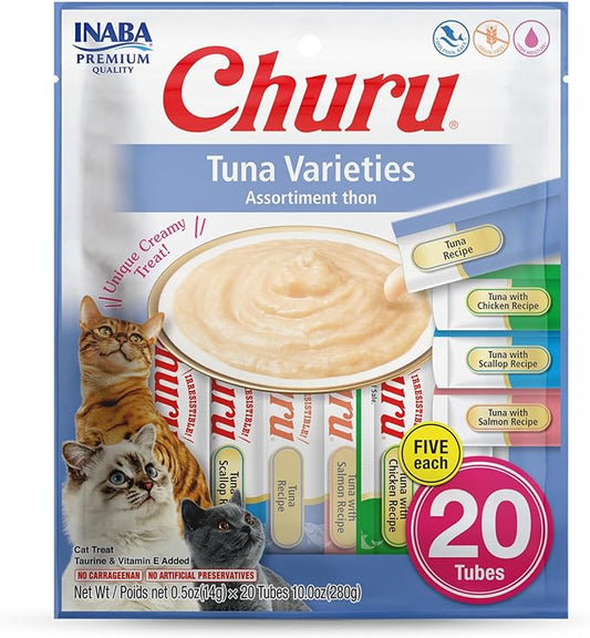 INABA Churu Cat Treats, Lickable, Squeezable Creamy Purée Cat Treat with Green Tea Extract & Taurine, 0.5 Ounces Each Tube, 20 Tubes, Tuna Variety