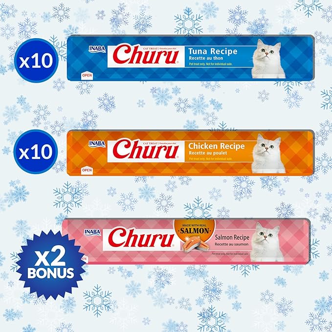 INABA Churu Cat Treats, Lickable, Squeezable Creamy Purée Cat Treat with Vitamin E, 0.5oz Each Tube, 22 Tubes, Holiday Variety Pack