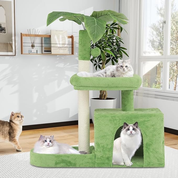 Athena Collection Small Cat Tree Tower with Scratching Post, 32 Inch Modern Cute Cat Tree Condo with Cozy Perch Haing Ball Green Leaves for Kittens Indoor Playing, Light Green