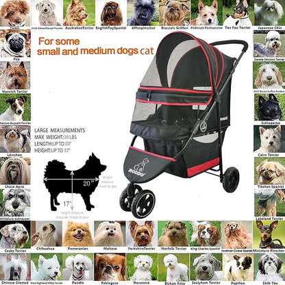 ROODO Escort 3 Wheel Dog Cat Pet Stroller for Small/Medium Dogs Cats Best Lightweight Foldable Portable Compact Jogger Travel All Terrain Pet Gear System Puppy Doggie Bunny Kitty Stroller(Black)