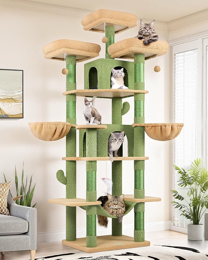 Globlazer Big Cactus Cat Tower for Indoor Cats, 80inch Cat Tower for Multiple Adult Cats XXL Cat Tree with Scratching Post, Hammock, 3 Perches, 2 Condos, 2 Hanging Basket, F80, Green