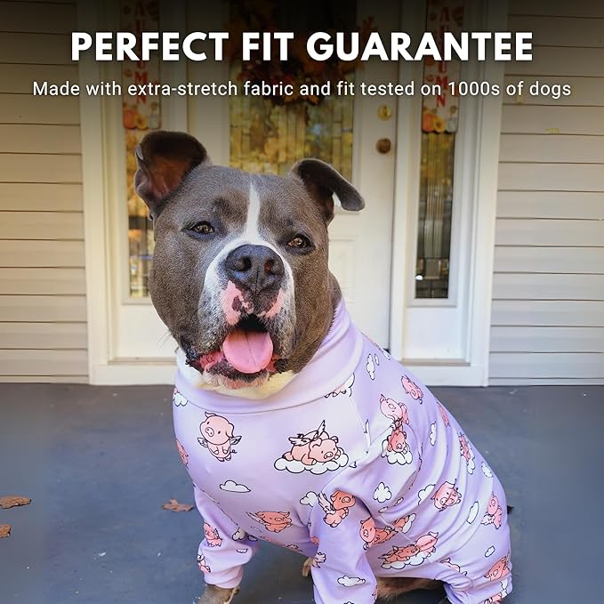 Spark Paws Dog Pajama, Dog Recovery Suit Male, Onesie, Ultra-Soft and 4-Way Stretch, for Small Medium and Large Breeds - When Pigs Fly - Purple - 4XL