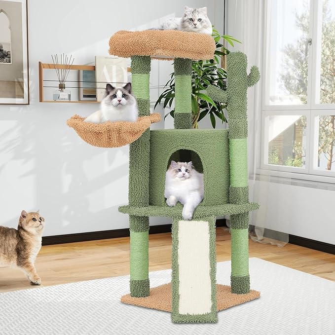 Athena Collection Small Cat Tree Tower with Scratching Post, 42 Inch Modern Cute Cat Tree Condo with Cozy Perch Basket Hanging Ball Climbing Ramp for Kittens Indoor Climbing, Light Green
