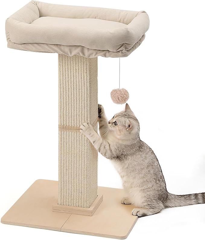 FUKUMARU Cat Scratching Post, Modern Style Tall Scratch Posts with Perch for Infoor Cats Adults, Large Cat Scratcher Tower with Bed, Small Tree with Raised Stand, Natural Sisal & Solid Wood