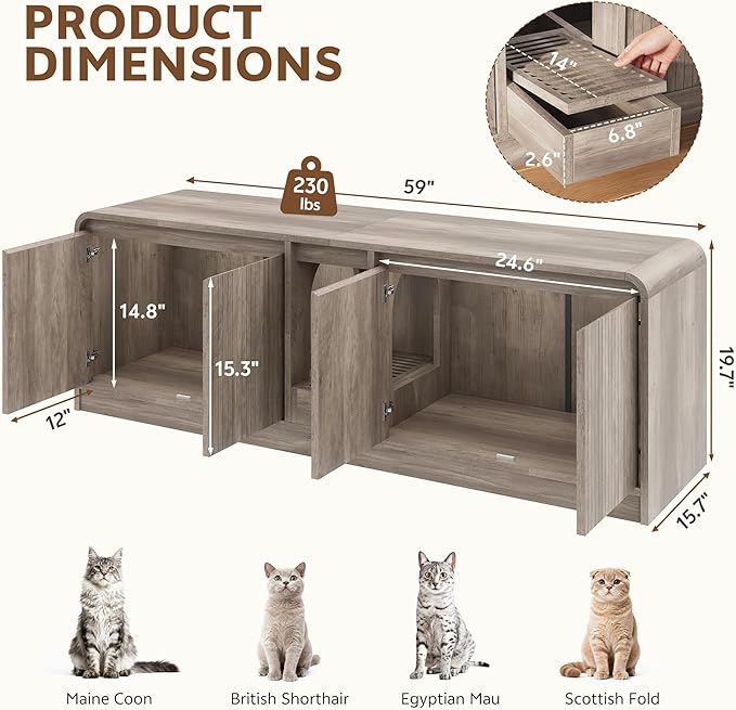 Cat Litter Box Enclosure with Litter Collector, 59'' Double Litter Box Enclosure for 2 Cats, Hidden Litter Box Furniture for Indoor Cats Large Adult, Cat House, Side Table, TV Stand, Grey