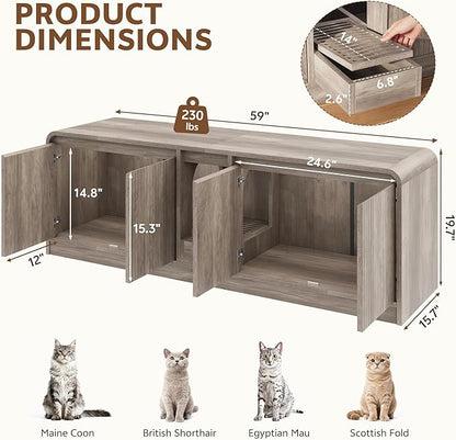Cat Litter Box Enclosure with Litter Collector, 59'' Double Litter Box Enclosure for 2 Cats, Hidden Litter Box Furniture for Indoor Cats Large Adult, Cat House, Side Table, TV Stand, Grey