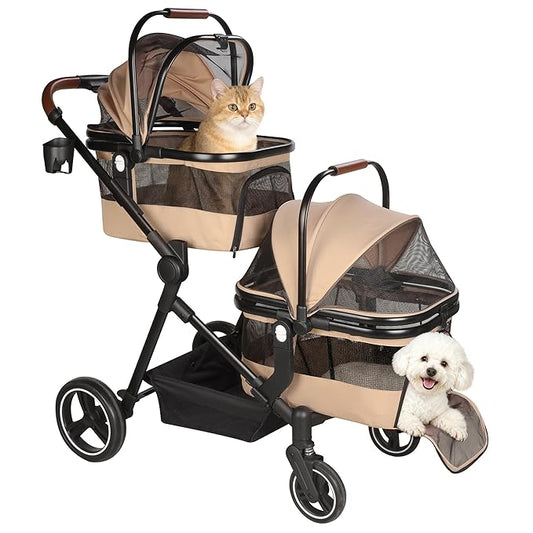 Foldable Double Pet Stroller for 2 Small Medium Cats Dogs, Lightweight Single and Double Integrated Pet Stroller with Detachable Carriers