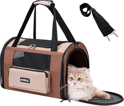 Collapsible Small Pet Carrier for Cat 15 lbs with Fashion Pocket, Lightweight Sturdy Travel Carry Bag Little Puppy Dog, Breathable Stylish Kitten Soft Cage Kennel, 17.7x11.0x11.8 Inch Khaki