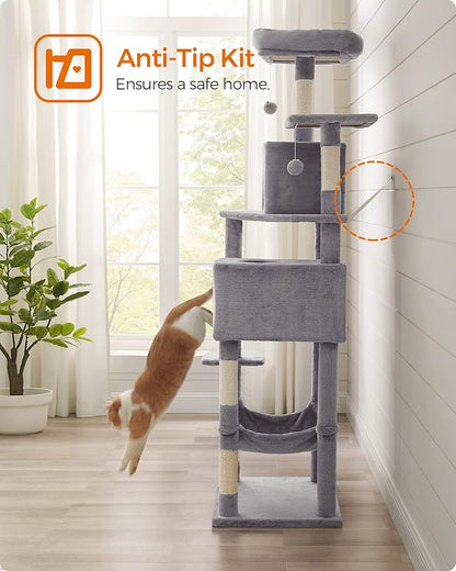 Feandrea Cat Tree, 75.2-Inch Cat Tower for Indoor Cats, Plush Multi-Level Cat Condo with 5 Scratching Posts, 2 Perches, 2 Caves, Hammock, 2 Pompoms, Light Gray UPCT191W01