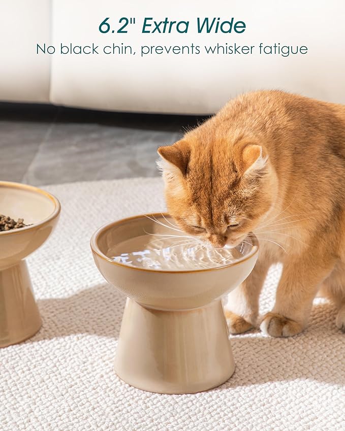 vancasso Ceramic Elevated Cat Bowls 2-Pack - 6.2" Extra Wide Raised Cat Food & Water Dishes, 5.1" Optimal Height Anti-Whisker Fatigue Shallow Bowls for Cats/Kittens/Dogs, Lead & Cadmium Free (Brown)