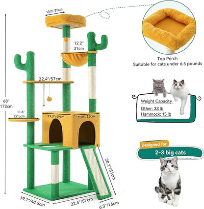 YITAHOME Tall Cactus Cat Tree: 68 in Cats Tower Activity Center with Sisal Posts, Hanging Balls, Nest, Pet Climbing Furniture Ideal for Indoor Kittens, Green & Yellow