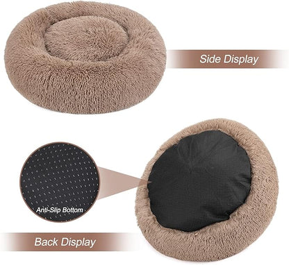 MIXJOY Calming Cat Beds for Indoor Cats, 20'' Kitten Donut Beds for Pet Up to 15lbs, Fluffy Small Cat Cuddler, Anti-Anxiety Plush Faux Fur Large Pet Bed Washable (20'', Brown)