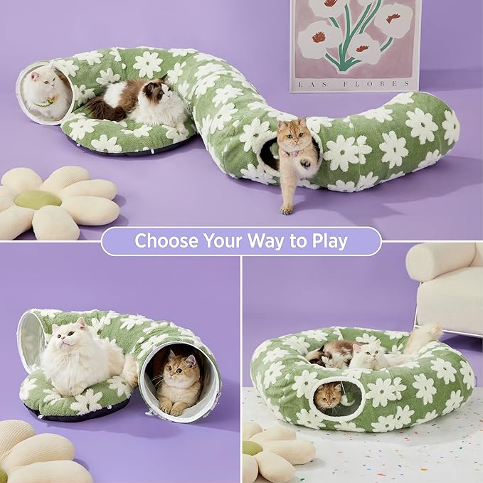 Lesure Large Cat Tunnel Bed - Cute Donut Bed for Indoor Cats with Washable Circle Cushion, Round Pet Peekaboo Cave Toy for Multi Kitten/Puppy/Rabbit, Large Flower Garden Green