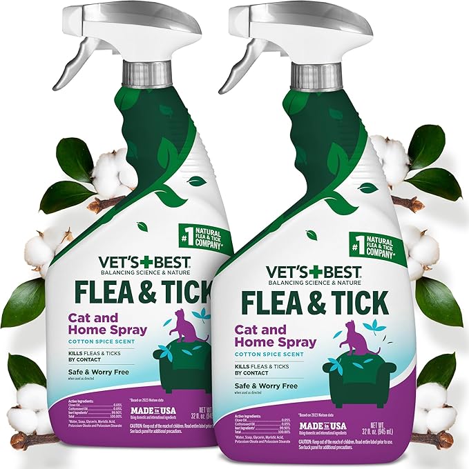 Vet's Best Natural Cat Flea & Tick Home Spray – Plant-Based Cotton Spice Mist for Cats – Indoor Flea Control with Natural Oils – Gentle Scented Spray for Home Use – Made in USA, 32 oz, 2-Pack