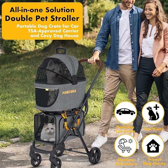 PAWZIDEA Double Pet Stroller with 2 Detachable Carriers, Portable Dog Crate for Car Travel & TSA-Approved Expandable Cat Carrier, Foldable Lightweight Jogger Stroller for 2–4 Cats or Small/Medium Dogs