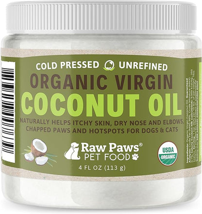 Raw Paws Virgin Organic Coconut Oil for Dogs & Cats, 4-oz - Treatment for Itchy Skin, Dry Nose, Paws - Hot Spot Lotion - Natural Hairball Remedy for Cats