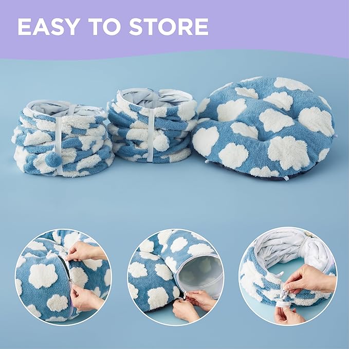 Lesure Large Cat Tunnel Bed - Cute Donut Bed for Indoor Cats with Washable Circle Cushion, Round Pet Peekaboo Cave Toy for Multi Kitten/Puppy/Rabbit, Large Cozy Clouds Blue