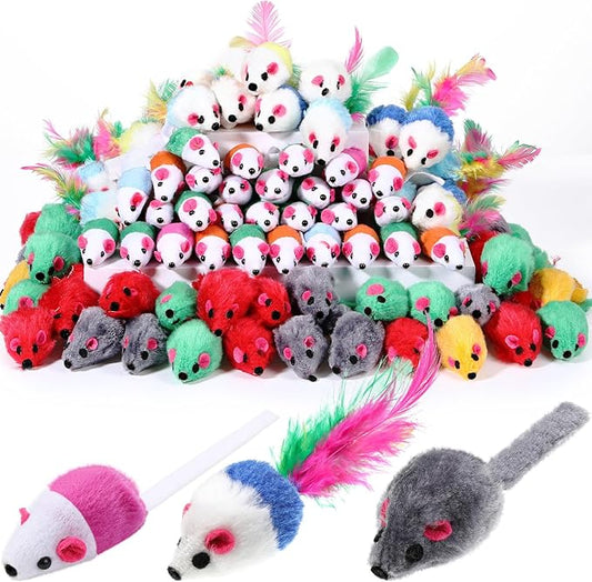 Sosation 100 Pcs Fur Cat Mouse Toys Assorted Interactive Cat Toys Rattle Sound Mice for Kitten Catch Play Indoor Interactive
