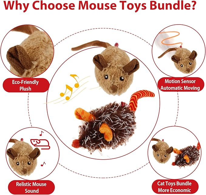 Gigwi Interactive Cat Toys Pack, Automatic Moving Mouse Electronic Cat Toys for Indoor Cats, Mouse Hunt Cat Toy for Kitten, 2 Pack (Brown & Orange Colors)