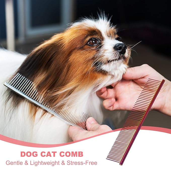 Dog Cat Comb, Pet Combs Stainless Steel Teeth with Rounded Ends for Knots Mats Loose Hair Removal, 6.5/7.5IN (Purple Plated, 2 Pack), Grooming Tool Intended for Long Curly Hair Pet