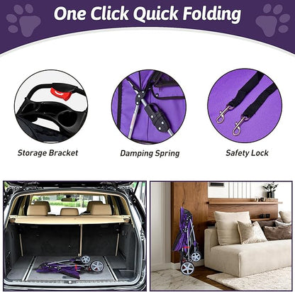 Azaeahom Pet Stroller, 4 Wheels Pet Strolling Cart for Medium/Small Dogs and Cats, Foldable Cat Jogger/Dog Stroller with Cup Holder, Storage Basket, Breathable Mesh, All-Season Pet Carrier, Purple