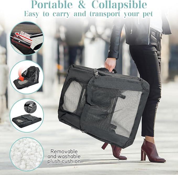 Fhiny Large Cat Carrier for 2 Cats, 24"x17"x17" Soft Dog Crate Collapsible Portable Travel Pet Carrier Bag Durable Breathable Foldable Kitten Carrier Bag for Cats Puppy Under 45 Lbs Black