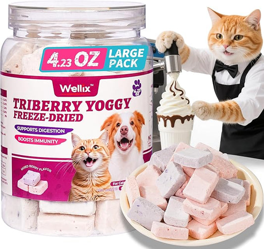 Wellix Freeze-Dried Cat Treats for Dog & Cat - Triberry Yoggy Cat&Dog Yogurt Treats with Chicken Flavor Fruits - Probiotics Digestive & Immune Health Cats&Dogs Food Toppers 4.23oz